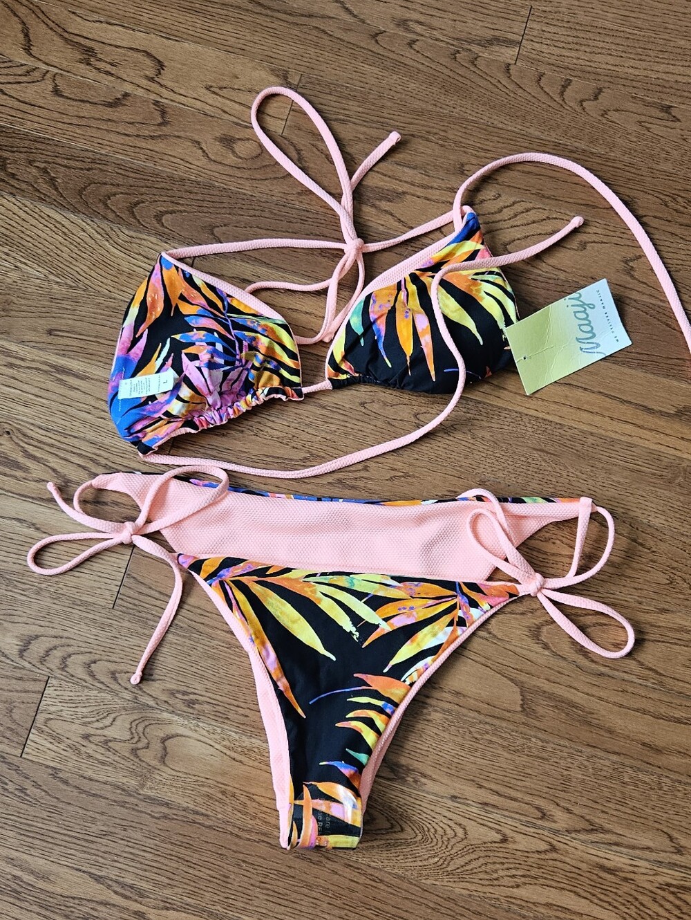Maaji Woman Pink Tropical Leaf Tie-Side Bikiniwoman